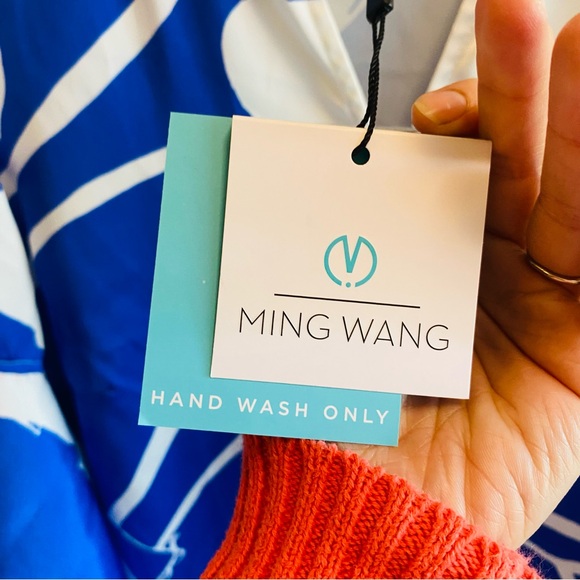 MING WANG NWT Blue White Abstract Print Silky Split Neck Ruffle Sleeve Blouse - Picture 7 of 8